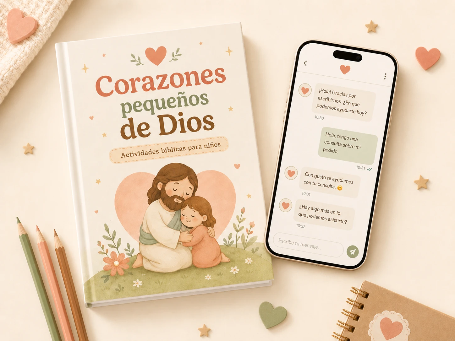 Cuaderno Corazones pequeños de Dios junto a un celular con chat de ayuda por WhatsApp