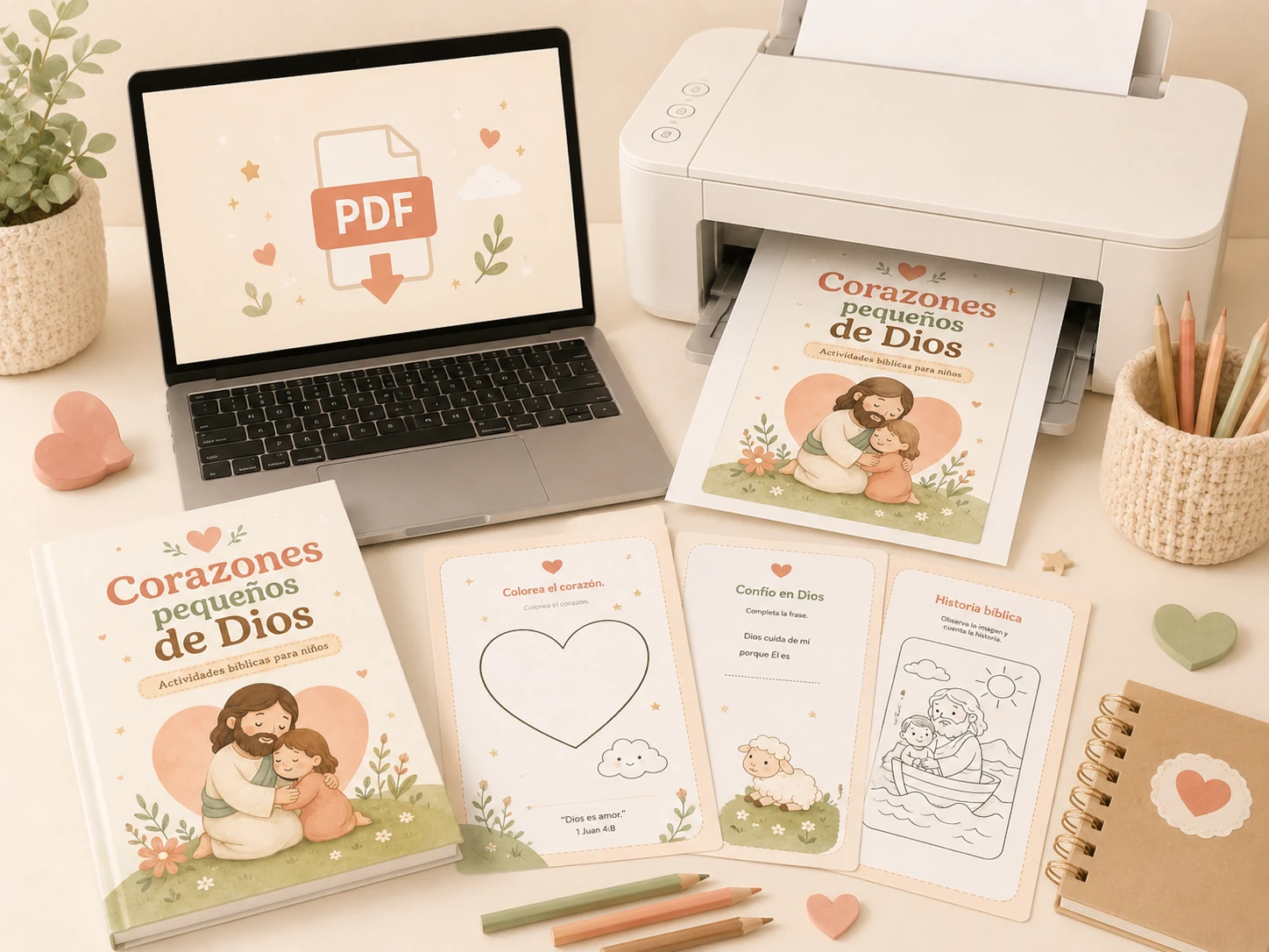 Escena con computadora, impresora y páginas imprimibles del cuaderno bíblico Corazones pequeños de Dios