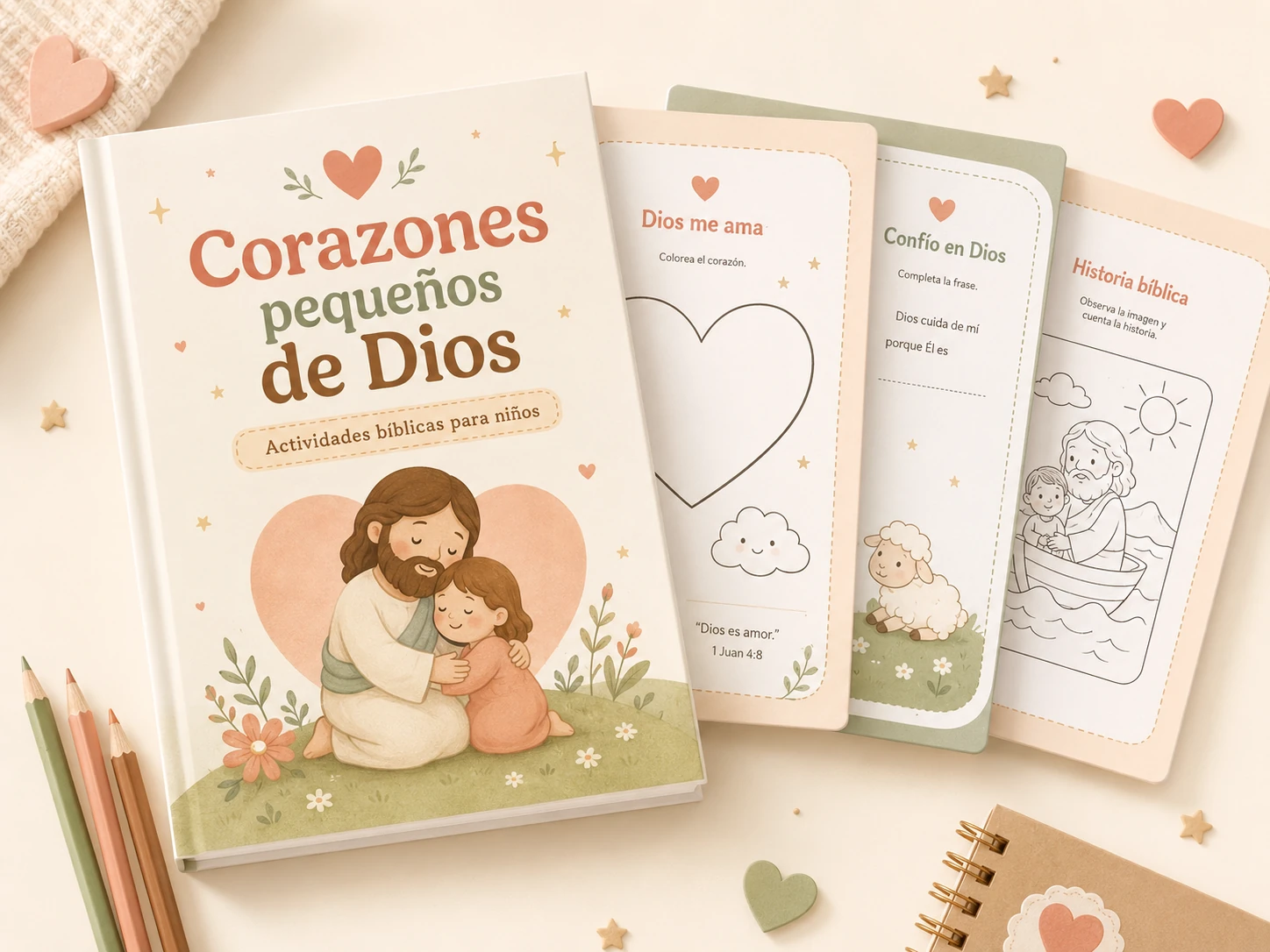Mockup del cuaderno bíblico imprimible Corazones pequeños de Dios con páginas de actividades para niños